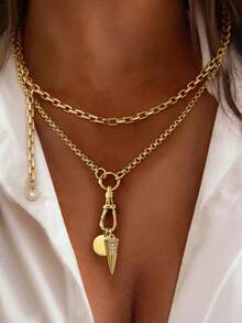 2PCS Gold Lobster Clasp Buckle With Round Pendant Necklace Set ,Luxury White Diamond Pendant Chain Set,Stainless Steel,For Ladies' Daily Work Decor - Multicolor - View 4
