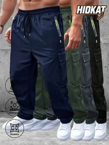 Hidkat Men's Drawstring Elastic Waist Zipper Pocket Sweatpants, Outdoor Casual Straight Leg Cargo Pants With Big Pockets, NEON Highlight, Spring Autumn - 藍色 - 查看 1
