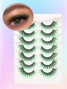 7 Pairs Green Cotton Thread Black Stem Dense Fish Tail Style False Eyelashes, Suitable For Festivals, Parties, Gatherings And Other Holiday Occasions, 20mm - 彩色 - 查看 9