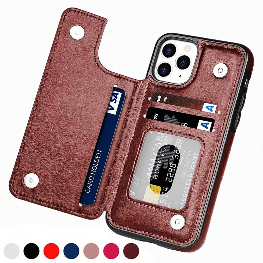 Luxury And Durable Genuine Leather Wallet Case, Compatible With 16e/16/15/14/13/12/11 Pro/SE/X/XR/XS/8/6/6S Plus, And S25/S24/S23/S22/S21/S20 Ultra/A13/A14/A15/A35/A53/A54/A55/S23 FE/S24 FE. With Stand And Card Slots, Shockproof, Water Resistant, Drop Resistant, Scratch Resistant, Full Body Design. - 棕色 - 查看 1