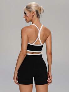 MASKERT Women 2pcs V Neck Crisscross Back Bra & High Waist Shorts Set Yoga Set Workout Set Gym Set 2 Pieces Set Training Tennis Outdoor Activewear Set - Black - View 2