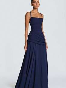 Elegant Women's Casual Party Dresses, Solid Color Strapless Sleeveless Fitted Waist Full Skirt European American Style Prom Dress - 金色 - 查看 5