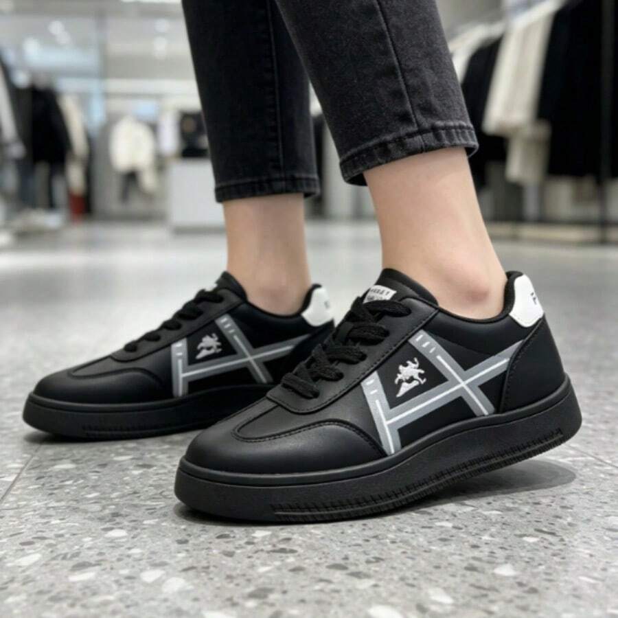Zapatillas de skate informales bajas y versátiles, estilo retro, con suela gruesa de goma, cordones y abertura poco profunda, ideales para el viento. - Negro - Ver 1