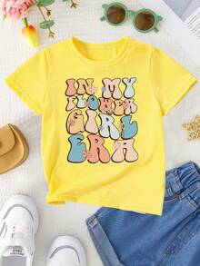 Camiseta de cuello redondo para mujer con estampado de letras coloridas y diseño de flor, dulce, versátil y casual. - Amarillo - Ver 2