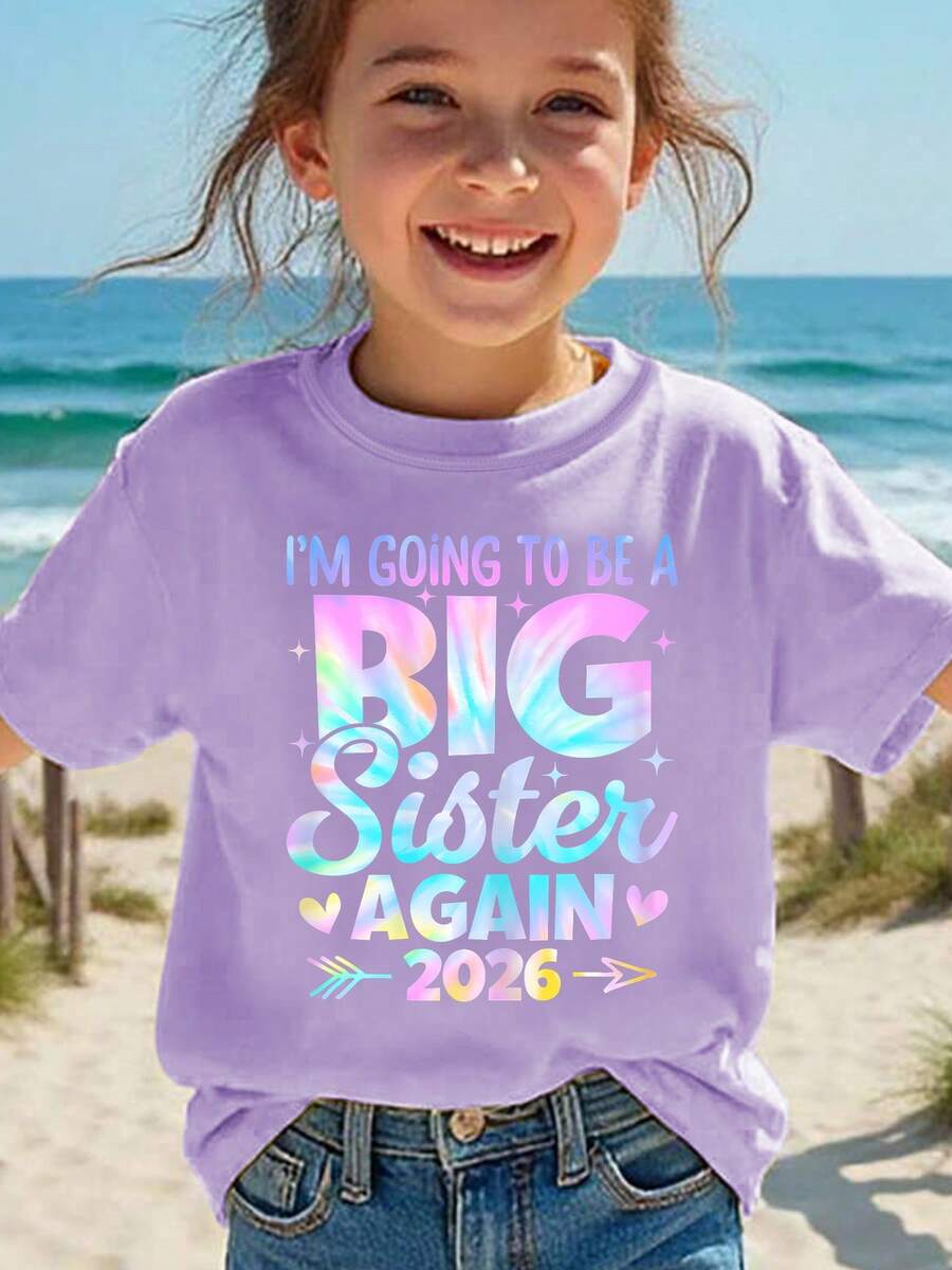Girls' Short-Sleeved T-Shirt, Summer Fashion, With Laser-Engraved Letter Print "I Want To Be The Big Sister Again 2026", Versatile Casual Top NY-DX8994 - 紫色 - 查看 1