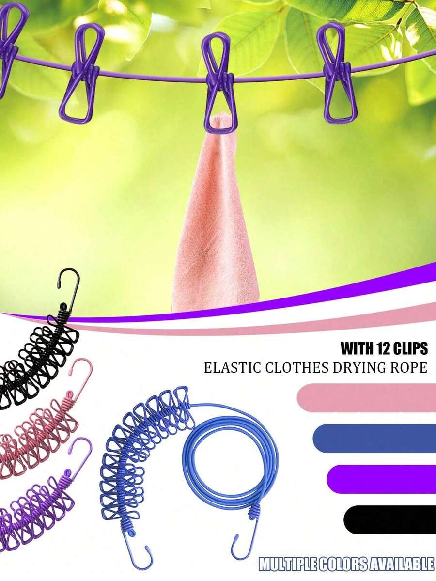 1 Set Portable Outdoor Camping Clothesline With 12 Clips, Travel Retractable Windproof Elastic Rope, Essential Camping Tool For Hanging Clothes - Multicolor - View 1