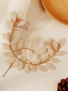 1pc Luxury Gold Metal Twisted Wire Faux Pearl Leaf Headband Hair Comb Bridal Hair Accessory For Banquet And Formal Occasions - Gold - View 2
