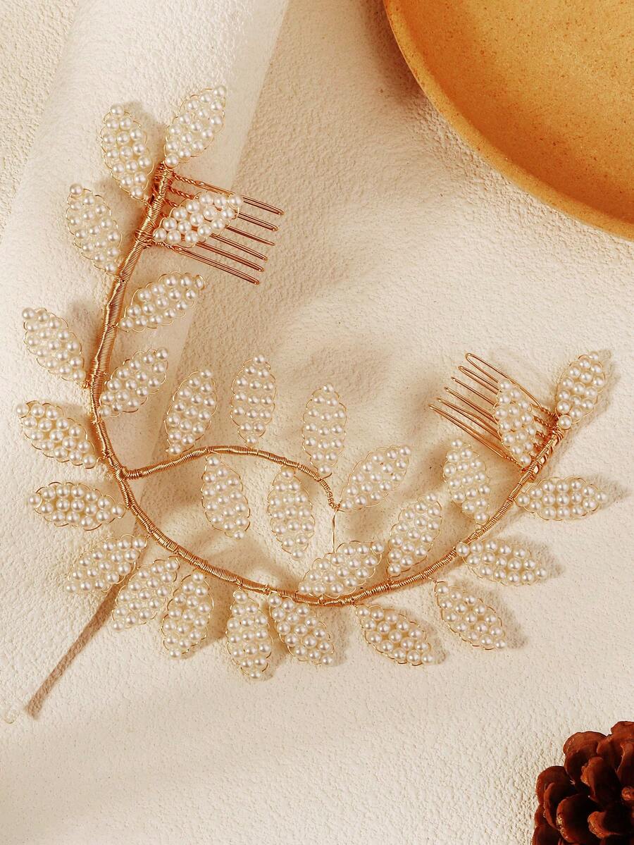 1pc Luxury Gold Metal Twisted Wire Faux Pearl Leaf Headband Hair Comb Bridal Hair Accessory For Banquet And Formal Occasions
