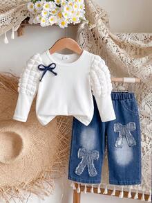 Baby Girl Fashion Vintage 2-Piece Set: White Ribbed Texture Puff Long Sleeve T-Shirt With Denim Bow + Frayed Hem Bow Applique Denim Long Pants - White - View 1