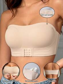 Mystèrelle Women's Front-Closure Strapless Bra, Removable Padding, Wire-Free Bandeau Tube Bra, Adjustable Non-Slip Rubber Strip Bra - Beige - View 6