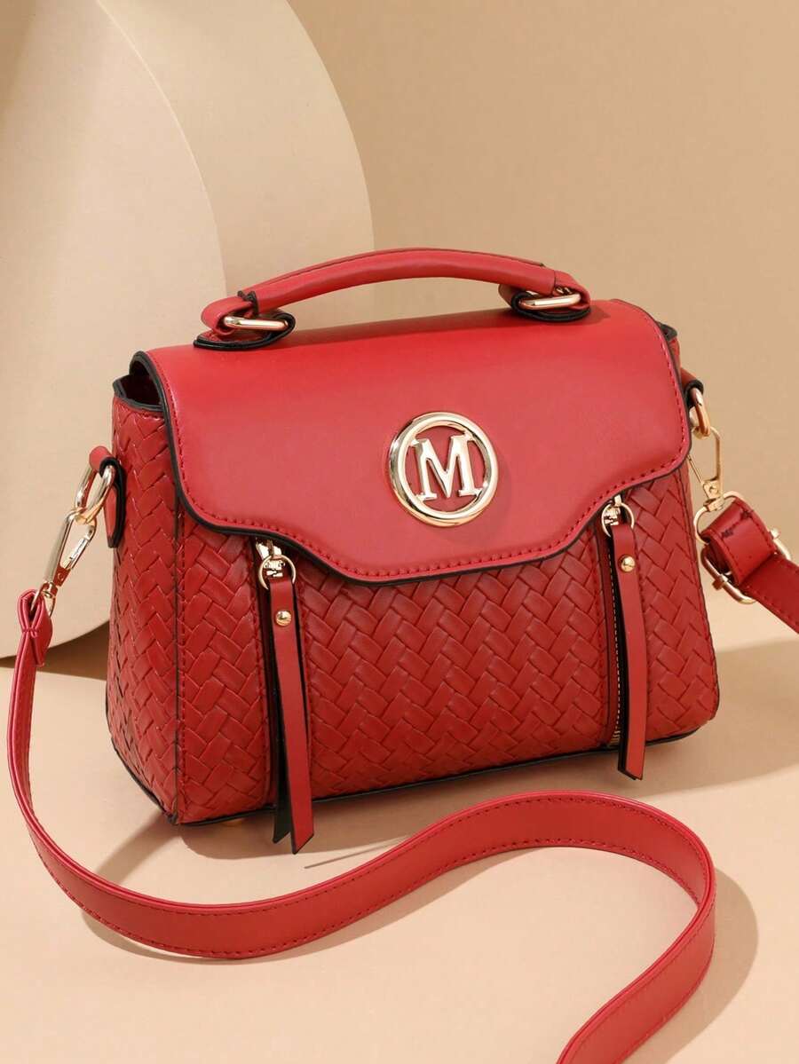 Retro Minimalist Printed Crossbody Bag With Adjustable PU Strap, Flap Closure, New Year - Bronze - View 1