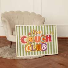 1pc Retro The Couch Club Typography Canvas Wall Art Green Striped Poster Cute Aesthetic Smiling Face Print For Dorm Living Room Decor Unframed , Framed Or Wooden Hanging Scroll - Pattern - View 4