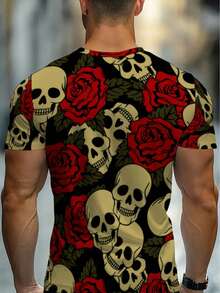 Men's Gothic T-Shirt With Skull And Rose Print - Bold Short Sleeve Crew Neck Streetwear, Casual Fit, Suitable For Casual Wear, Blouse - 黑色 - 查看 2