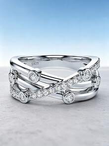 1 Stück 925er Sterlingsilber Mode Kubikzirkonia Linien-Wickel-Kreuz Damenring, elegant und luxuriös, geeignet für den täglichen Gebrauch, Geschenk, inklusive Geschenkbox - Silber - Übersicht 3