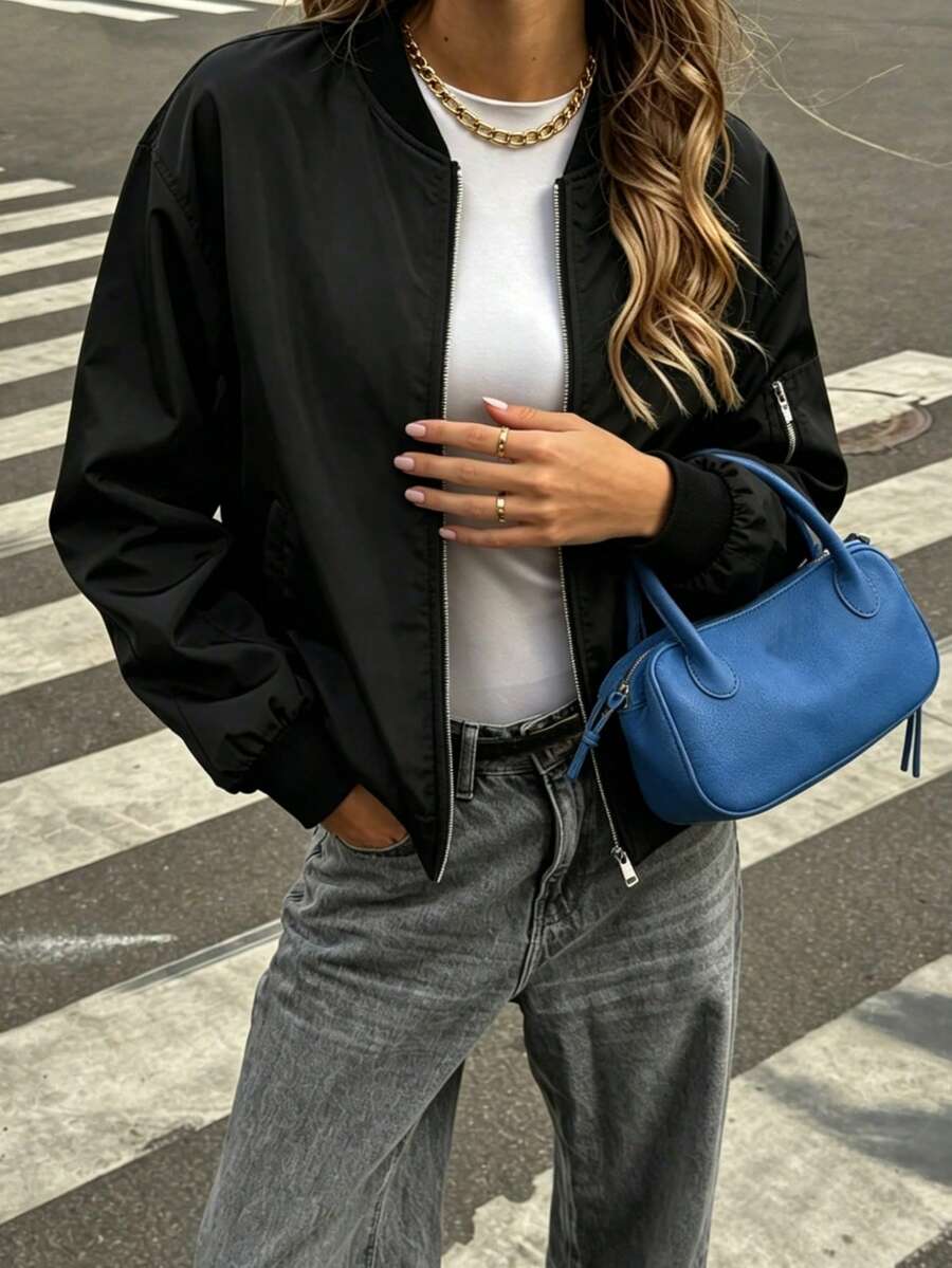 Women's Casual Fashion Baseball Collar Zip-Up Thin Jacket, Spring/Autumn - Black - View 1