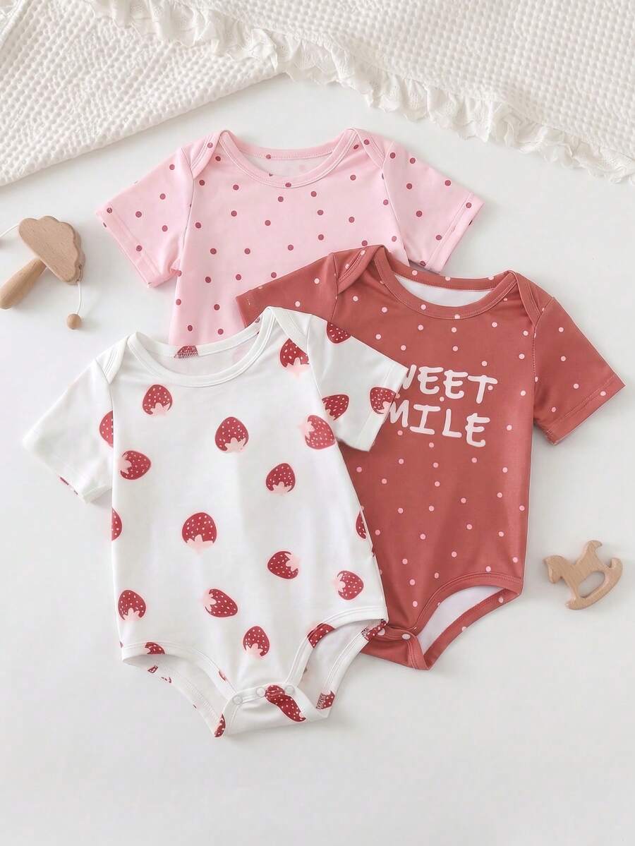 3pcs/Set Girls' Cute Strawberry Print Romper, Soft Knit Fabric, Button Design, Casual Vacation Style Girls' Clothing, Suitable For Outdoor Play, Party, Daily Casual Wear - Multicolor - View 1