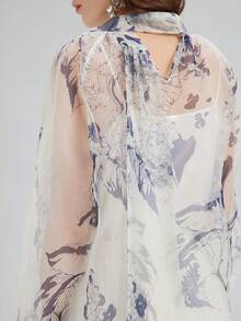 Rich Radi Q's Women's Semi-Sheer Printed High Neck Tie Blouse, Elegant And Fashionable, Suitable For Spring And Summer Wear - White - View 9
