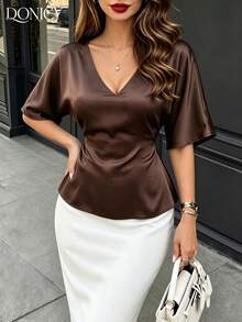 DONICY Women's Brown Flowy Waist-Tie Round Neck Fashion Casual Top - Coffee Brown - View 6