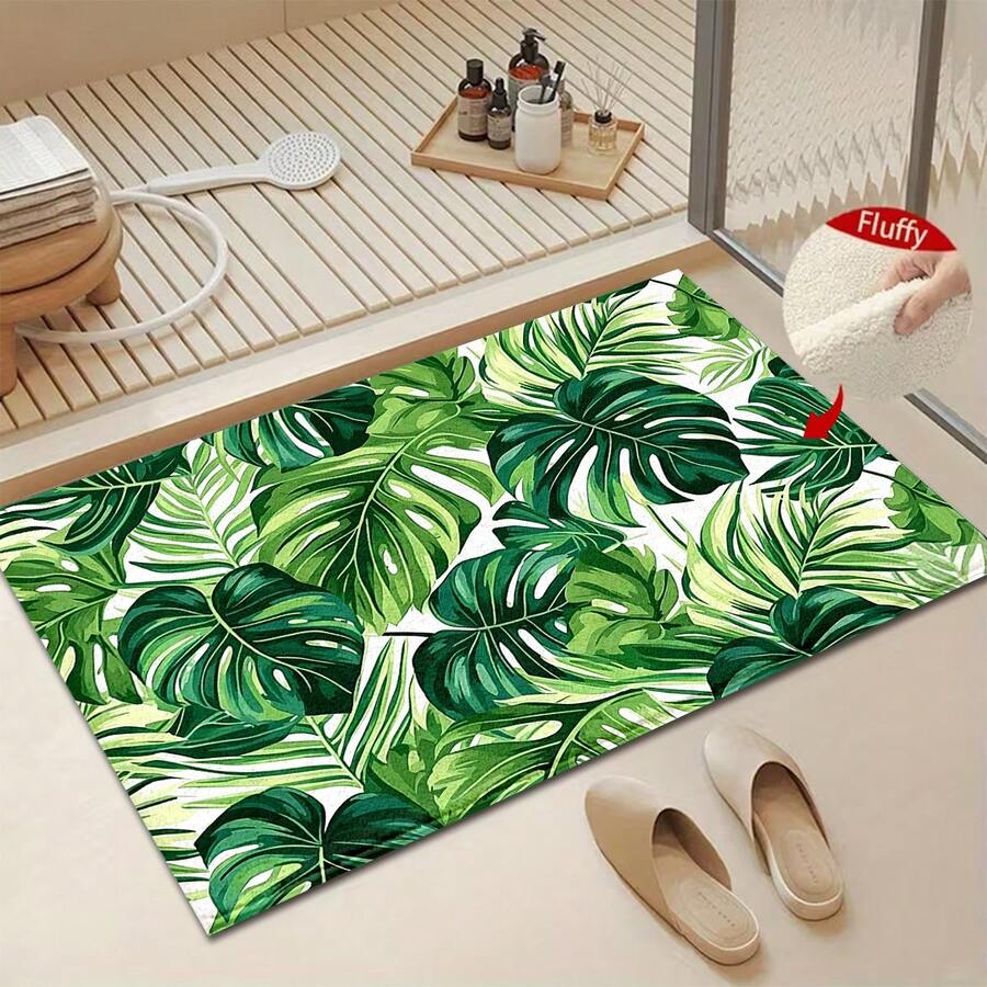1pc Green Leaf Pattern Design Microfiber Bath Rug,Non-Slip And Soft Bathroom Mat,Doormat, Water Absorption Mat,Machine Washable,Low Pile,TPR Backing,Knit Fabric,ForBedroom,Kitchen,Entryway,Indoor Use,Accessories & Home Decor, Perfect New Home Gift. - Multicolor - View 1