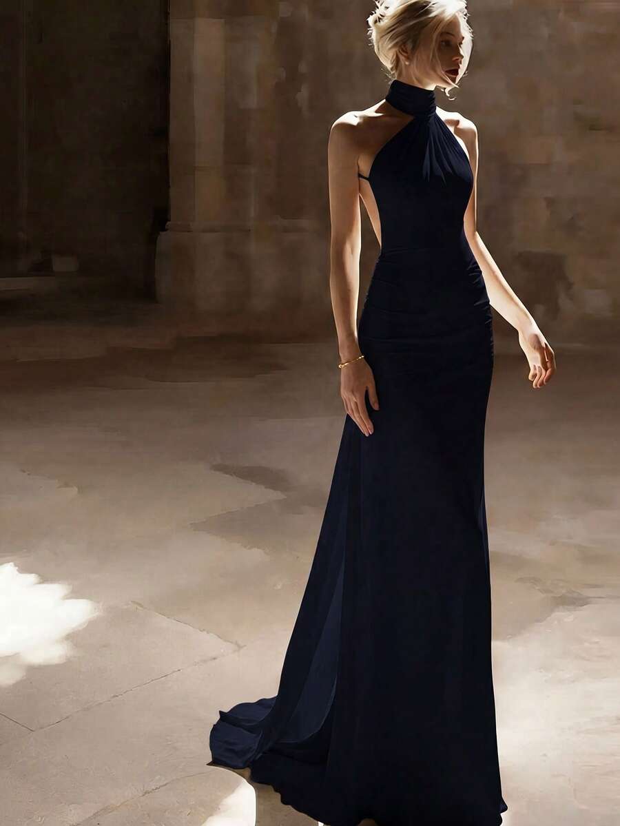 Basrey Đầm maxi dự tiệc nữ màu xanh navy trơn thanh lịch mới, cổ yếm, cài nút, cạp cao, satin, hở lưng, eo chiết, cho mùa thu