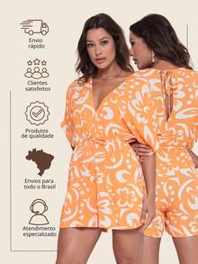 Women's Floral Print Short Jumpsuit Dress - 橘色 - 查看 7