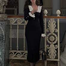 Long Knitted Dress Autumn Winter New Design Retro Style Elegant Feminine With Ruffles Fashion For Women - 黑色 - 查看 7