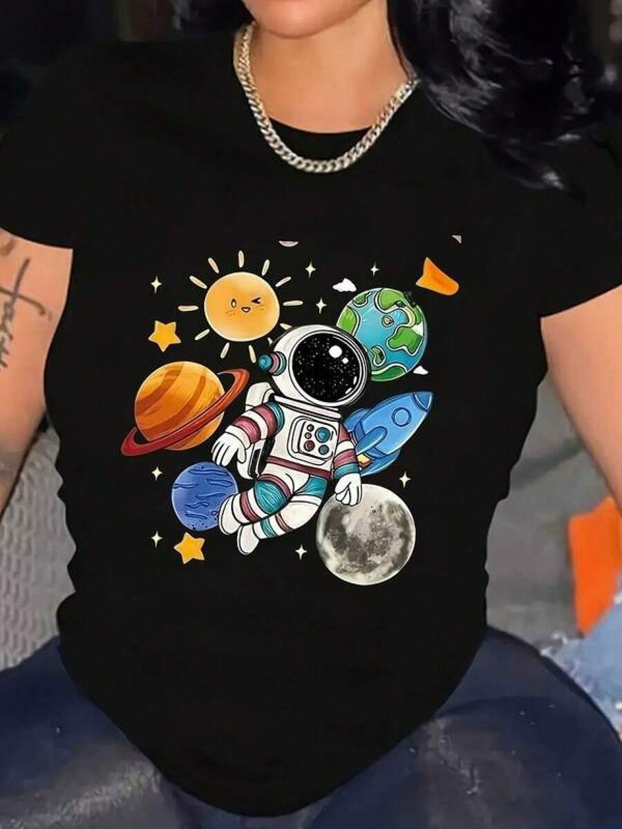 2026 Women's Lightweight And Durable Round Neck T-Shirts S-3XL, Streetwear Fashion For Young People, Urban Style, Casual Wear, Daily Wear, Autumn Parties And Practical Gifts - 黑色 - 查看 1