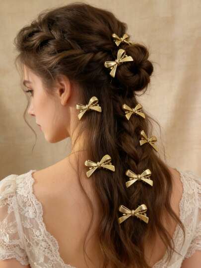 [5PCS]Gold & Silver Polished Metal Bow Hair Clips Set, European & American Girls Daily Loose Hair Side Clips, Beach Vacation Wedding Bridal Luxury Atmosphere Headwear, All Season