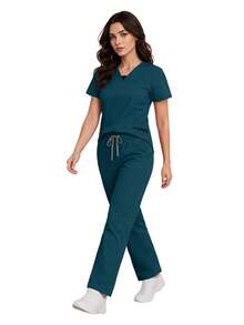 Women's Beauty Salon Spa Esthetician Doctor Nurse Hospital Care Dental Scrub Uniform 2-Piece Set Fall - Teal Blue - View 8