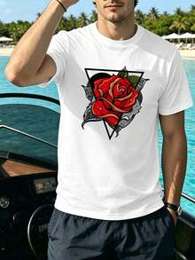 Herren-T-Shirt mit Rosenprint, hochwertigem Stoff, Rundhalsausschnitt, lockerer Passform, bequem, Street-Hip-Hop-Style - Weiss - Übersicht 2