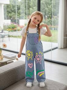 Girls' Cute Flower Print & Denim Jumpsuits, Lightweight, Summer - Blue - View 2