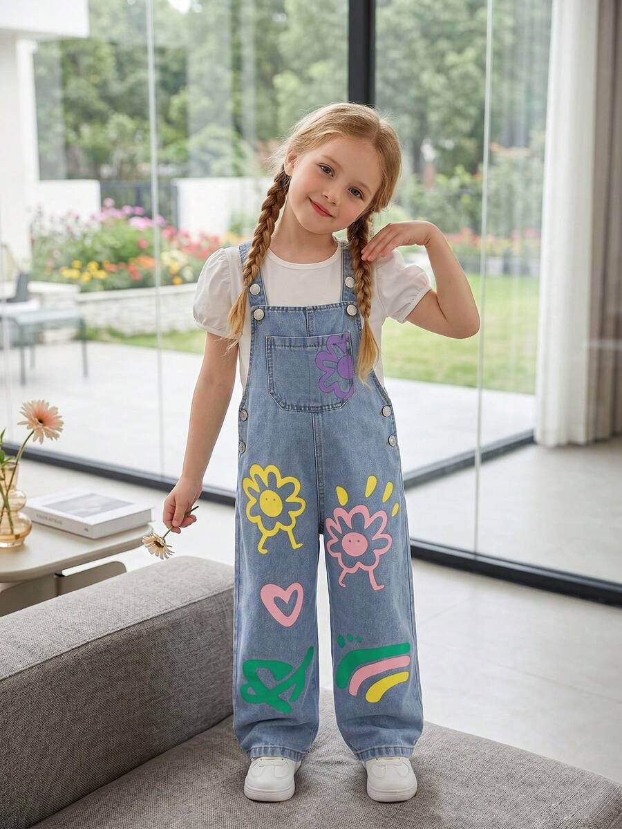Girls' Cute Flower Print & Denim Jumpsuits, Lightweight, Summer