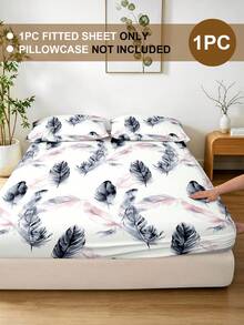 1pc Feather Print Bed Sheet, Bedding, Fitted Sheet, Mattress Cover, Soft And Comfortable Bedding For Bedroom Mattress Protector Fitted Bed Sheet Only, Machine Washable - Multicolor - View 2