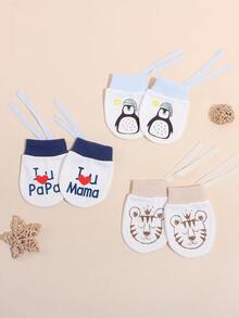 3 Pairs Newborn Anti Scratch Mittens Cute Penguin Tiger I Love Papa Mama Print Adjustable Tie Baby Hand Protection Gloves Daily Infant Essentials - 3 Pairs - View 5