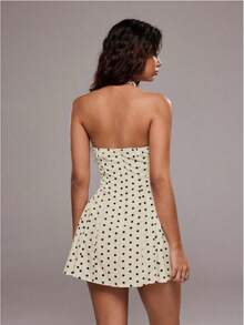 Women's Short Dress With Deep V-Neck And Open Back, Polka Dot Print, Vacation Style, For Summer - Aprikot - View 2