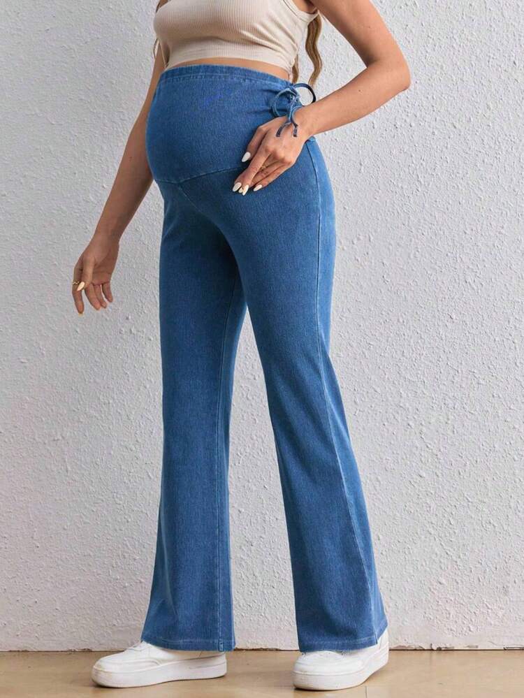 Jeans ceñidos elásticos de tiro alto para mujer embarazada, azules informales para maternidad - Azul lavado oscuro - Añade 7
