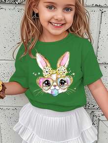 Girls' Short-Sleeved T-Shirt, Spring-Summer Style, With Easter Cartoon Print: Bow, Rabbit, Heart, Colorful Glasses And Bubbles, Versatile Casual Top NY-DX5438 - 黑色 - 查看 9