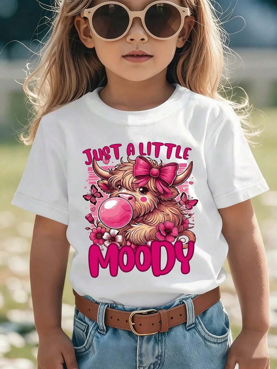 Girls' Short-Sleeved T-Shirt, Summer Style, With "JUST A LITTLE MOODY" Print, Showing A Cartoon Calf Blowing Bubbles With A Bow, Casual And Versatile NY Top - 白色 - 查看 1