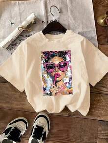 Unisex Size. 1 Pack. Short-Sleeved T-Shirt With Round Neck, 100% Cotton, Printed, Lightweight And Breathable Fabric, Casual Fashion Style, Suitable For Daily Life, Casual Outings And Dates. - 杏色 - 查看 1