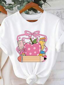 Women's Black Short-Sleeved T-Shirt With Pink Apple Graphic Print And School Supplies – Casual Fashion, Round Neck, Teacher-Themed, Comfortable And Cool For All Seasons - 白色 - 查看 3