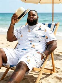 Plus Size Men's 2-Piece Outfit, Men's Street Casual Minimalist Series "Colorful Sailboat & Ocean Waves" Pattern Sports Set - Polyester Knit Fabric, Crew Neck Design, Drawstring Shorts, Pocket Detail, Regular Fit, Suitable For Plus Size - White - View 1