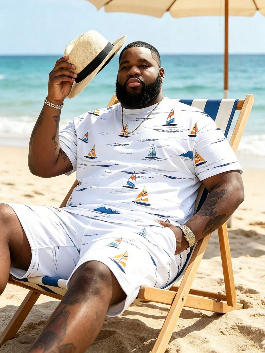 Plus Size Men's 2-Piece Outfit, Men's Street Casual Minimalist Series "Colorful Sailboat & Ocean Waves" Pattern Sports Set - Polyester Knit Fabric, Crew Neck Design, Drawstring Shorts, Pocket Detail, Regular Fit, Suitable For Plus Size - White - View 1