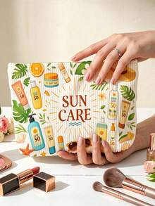 New Sun Protection Theme Large Capacity Lightweight Zippered Makeup Bag, Beach Bag, Fresh Hand-Drawn Sun And Sunscreen Design, Summer Sun Care Storage Gift, Zippered Travel Organizer Bag, Lightweight Fade-Resistant Makeup Toiletry Bag Suitable For Women And Men, Easy-To-Clean Design, Suitable For Mothers, Teachers, Friends, Nurses Makeup Bag, School Vacation Holiday Back-To-School Supplies Toiletry Bag, Essential Travel Makeup Bag - Multicolor - View 4