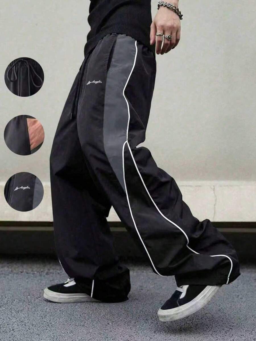 Men's Casual Contrast Side Stripe Long Pants, Letter Print, Side Pockets, Drawstring Waist, Men's Streetwear Casual Pants, Suitable For All Seasons - Black - View 1