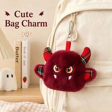 Burgundy Plush Little Devil Coin Purse, Halloween Plaid Bat Wing Cute Monster Pendant Small Bag, Gothic Style Zipper Key Pouch Gift For Girls (Plaid Fabric Pattern Color Random) - Burgundy - View 3