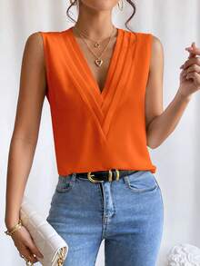 Camisa sin manga unicolor de cuello V - Naranja - Ver 1