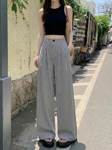 Rikumo Women Casual Vacation & Commute Lovely Textured Stripe Contrast Button Zipper Pants, Summer Long Trousers Spring - Black and White - View 2