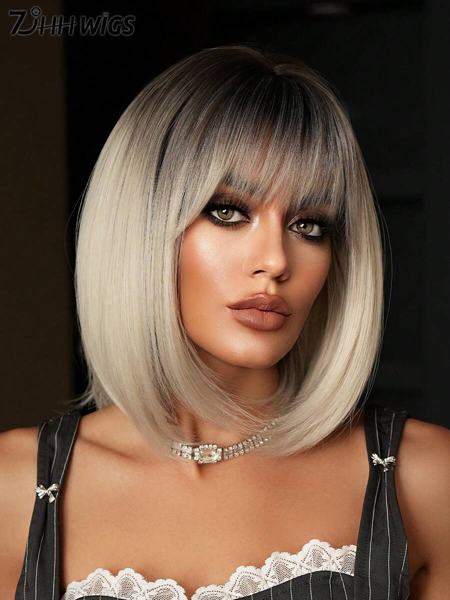 7JHH WIGS Ombre Gray Short Bob Wig With Bangs For Women 12 Inch Straight Synthetic Wig Dark Roots, Glueless Heat-Resistant Fiber, Realistic Lightweight Daily Party Wear