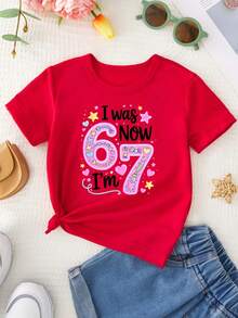 Camiseta Creativa y Dulce para Niñas WML con Estampado de Dibujos Animados del Número 67 - Rojo - Ver 2