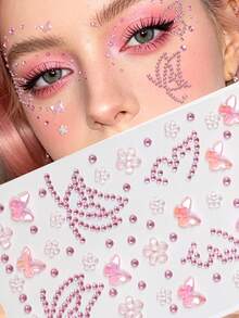 Pink Butterfly Flower 3D Glitter Rhinestone Face Jewels, Y2K Self-Adhesive Rhinestones, DIY Concert Disco Party Shiny Face Decoration - 粉色 - 查看 1
